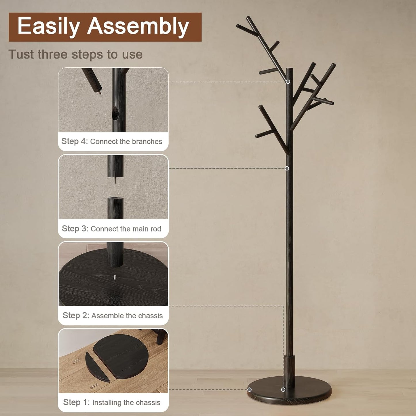 Coat Rack, Solid Wood Coat Rack Freestanding with 12 Hooks, Coat Tree Freestanding 3 Adjustable Heights for Coat, Hats, Handbags, Coat Stand for Entryway, Bedroom (Black)