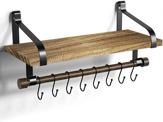 Stylish Rustic Floating Shelf with Towel Bar and 8 Removable Hooks - Perfect for Organizing Your Kitchen and Bathroom in Carbonized Black