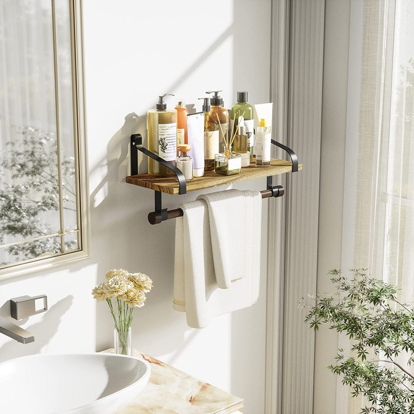 Stylish Rustic Floating Shelf with Towel Bar and 8 Removable Hooks - Perfect for Organizing Your Kitchen and Bathroom in Carbonized Black