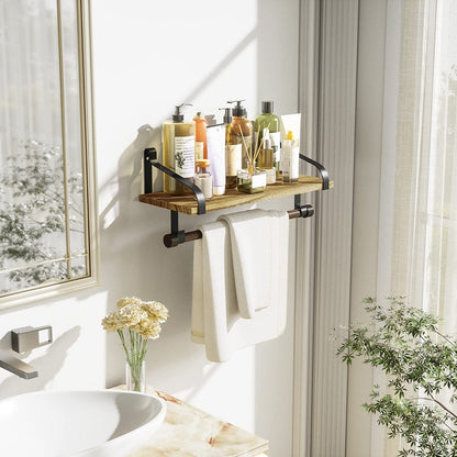 Stylish Rustic Floating Shelf with Towel Bar and 8 Removable Hooks - Perfect for Organizing Your Kitchen and Bathroom in Carbonized Black