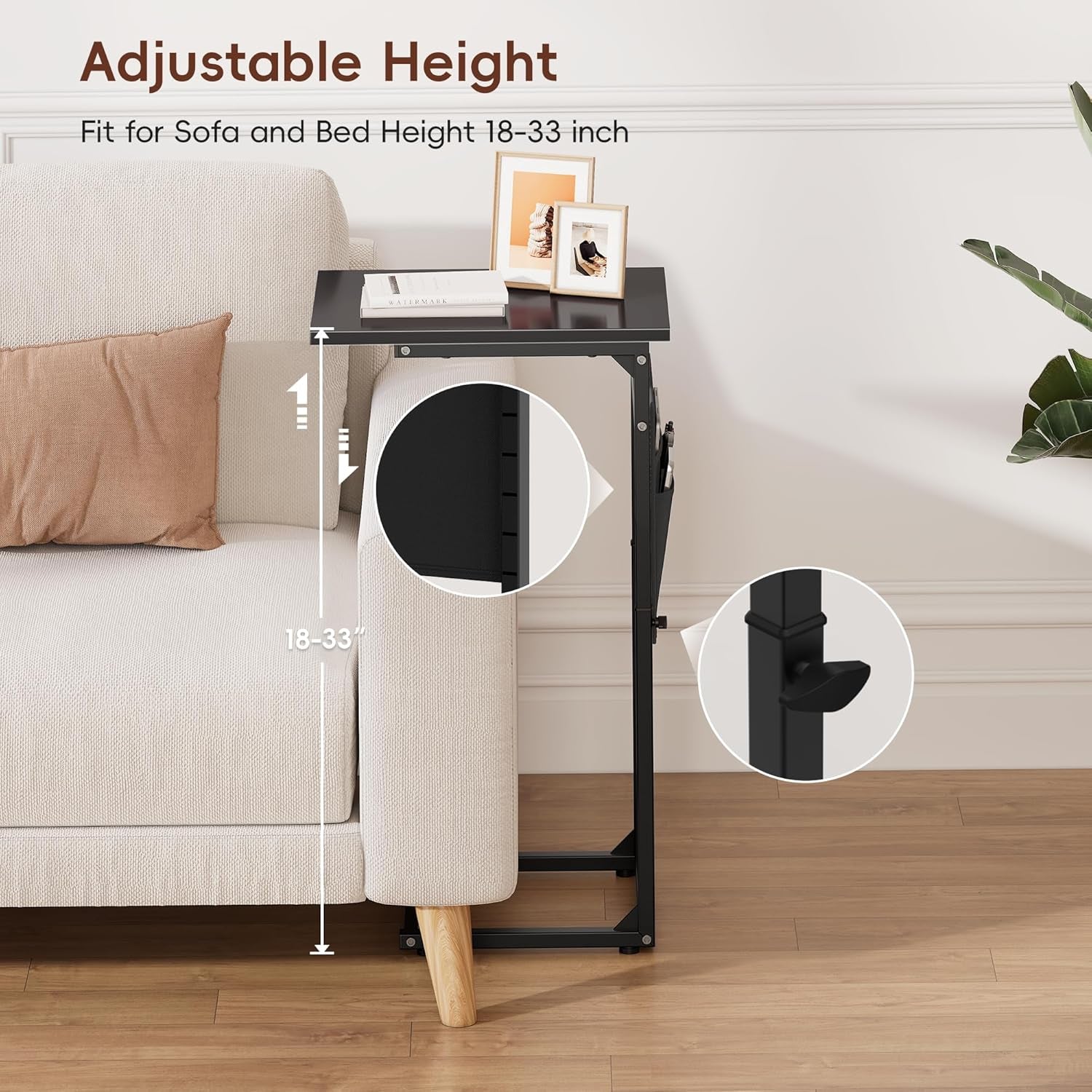 C Shaped End Table, 33"Tall Side Table for Couch, Adjustable Height Sofa Table Small Couch Side Tables, Laptop Recliner Tables Slide under Sofa TV Tray Arm Table for Living Room Bedroom,Black