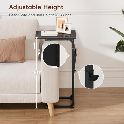 C Shaped End Table, 33"Tall Side Table for Couch, Adjustable Height Sofa Table Small Couch Side Tables, Laptop Recliner Tables Slide under Sofa TV Tray Arm Table for Living Room Bedroom,Black