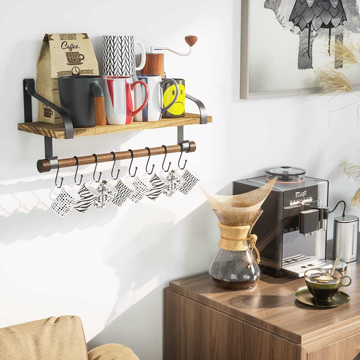 Stylish Rustic Floating Shelf with Towel Bar and 8 Removable Hooks - Perfect for Organizing Your Kitchen and Bathroom in Carbonized Black