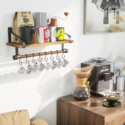 Stylish Rustic Floating Shelf with Towel Bar and 8 Removable Hooks - Perfect for Organizing Your Kitchen and Bathroom in Carbonized Black