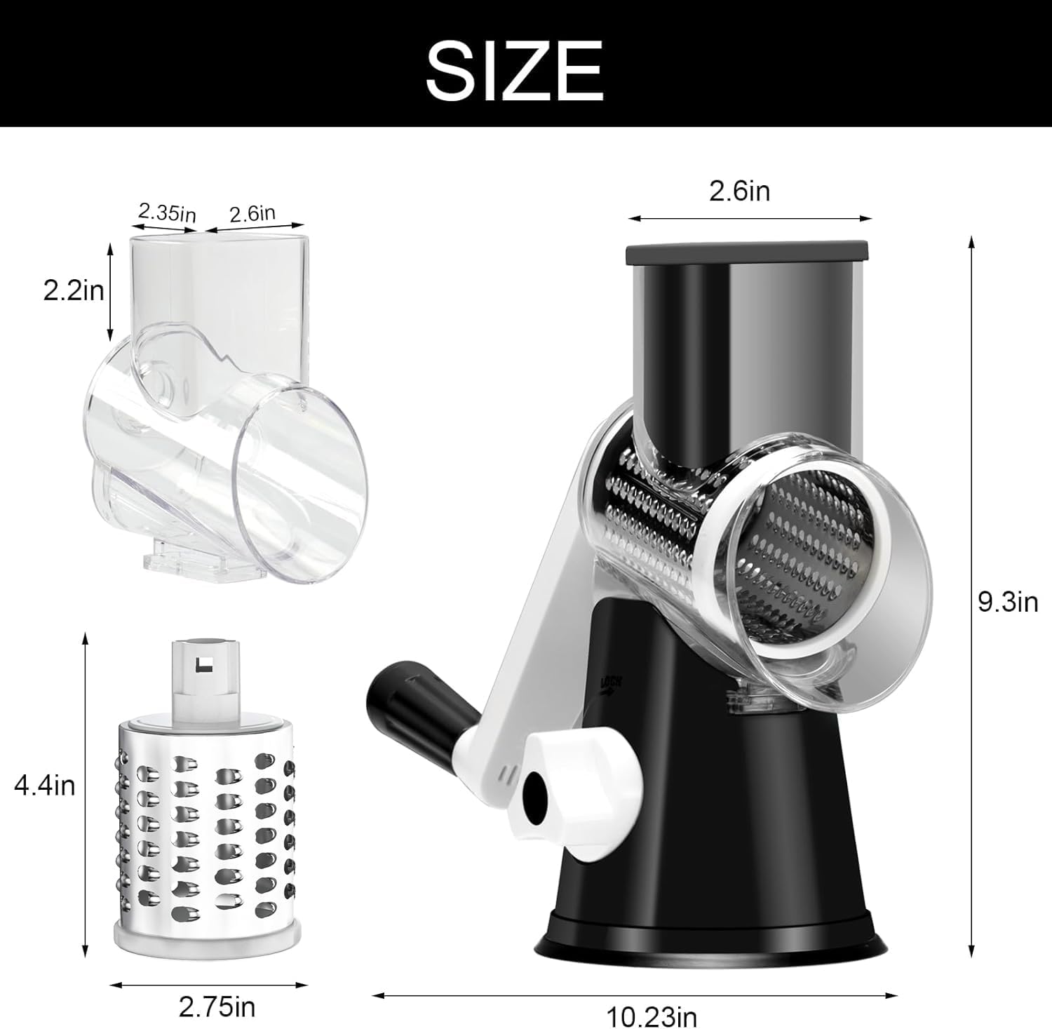 Rotary Cheese Grater Hand Crank Cheese Shredder for Fresh Cheese, Vegetable, Nuts,Non-Slip Suction Base, Free Cleaning Brush Three Blades, Black
