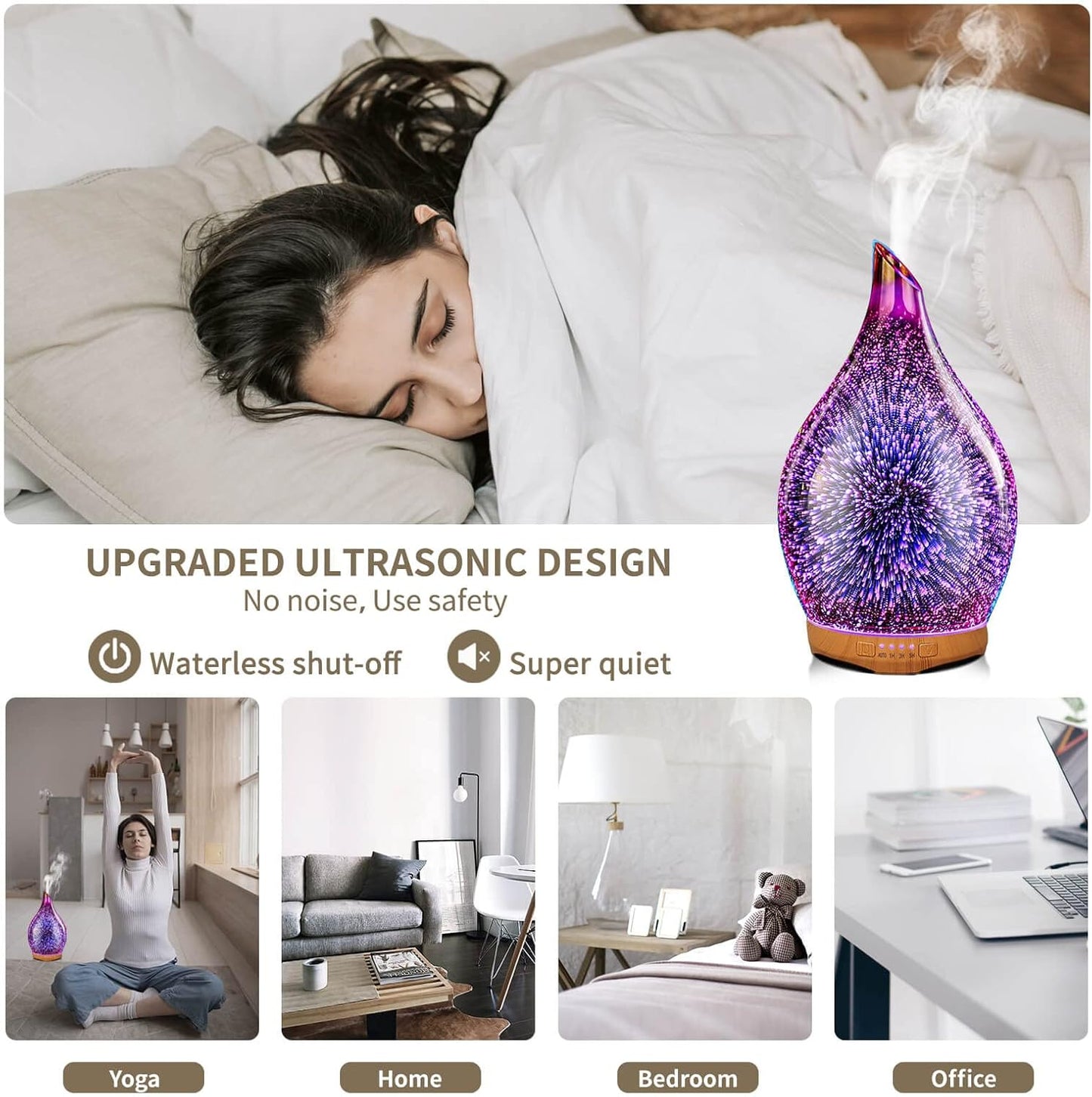 280Ml Essential Oil Diffuser 3D Hand-Blown Glass Aroma Diffusor, Aromatherapy Unltrasonic Cool Mist Deffuser, 7 Color Changing Humidifier, Waterless Shut-Off, Timer Function for Home Office