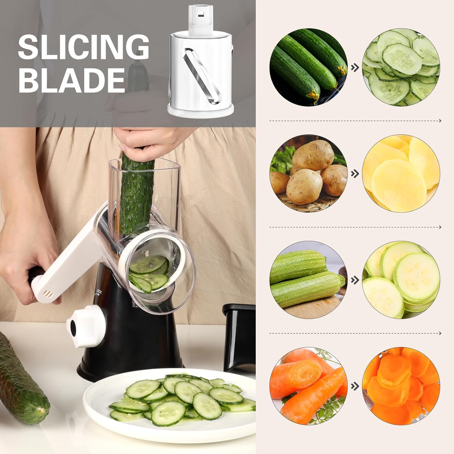 Rotary Cheese Grater Hand Crank Cheese Shredder for Fresh Cheese, Vegetable, Nuts,Non-Slip Suction Base, Free Cleaning Brush Three Blades, Black