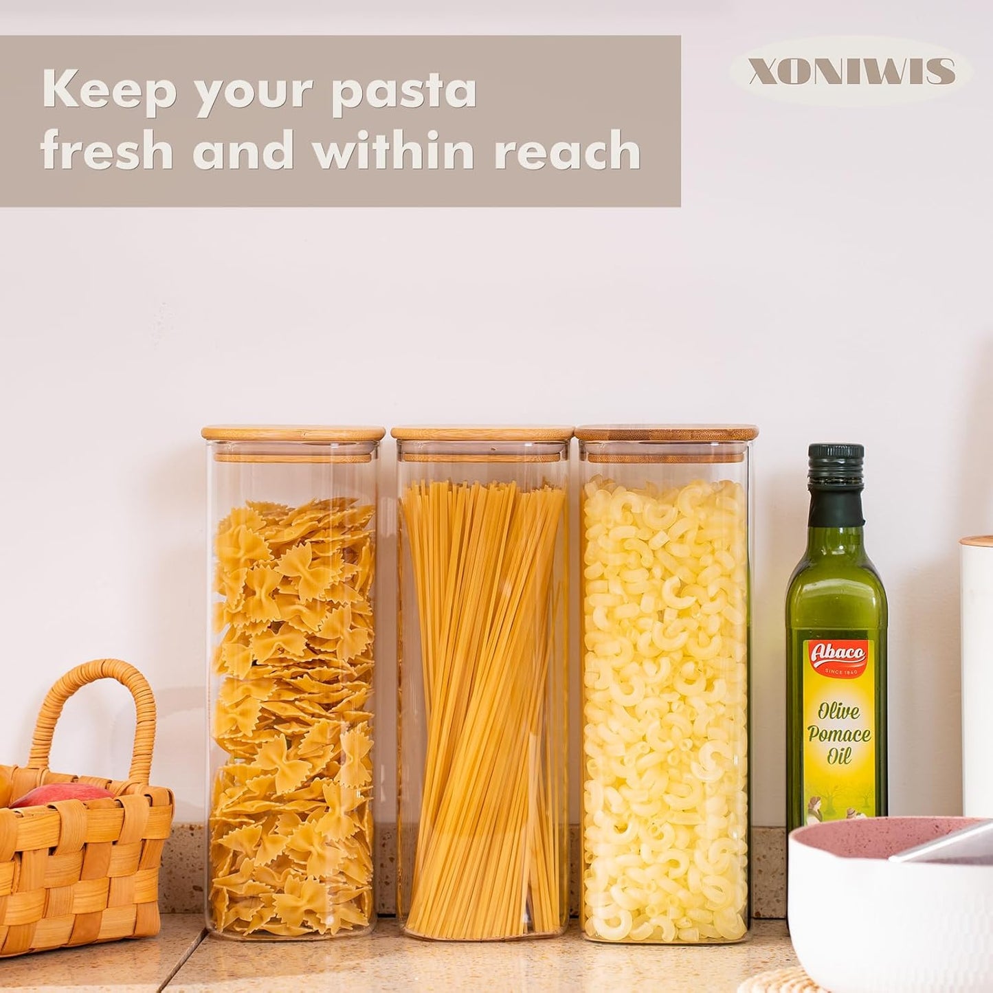 54Oz 3PCS Rectangle Glass Storage Containers with Lids, Glass Jars with Bamboo Lids, Clear Food Storage Jar, Sugar Coffee Containers, Pantry Container for Pasta, Rice, Flour, Oats, Tea