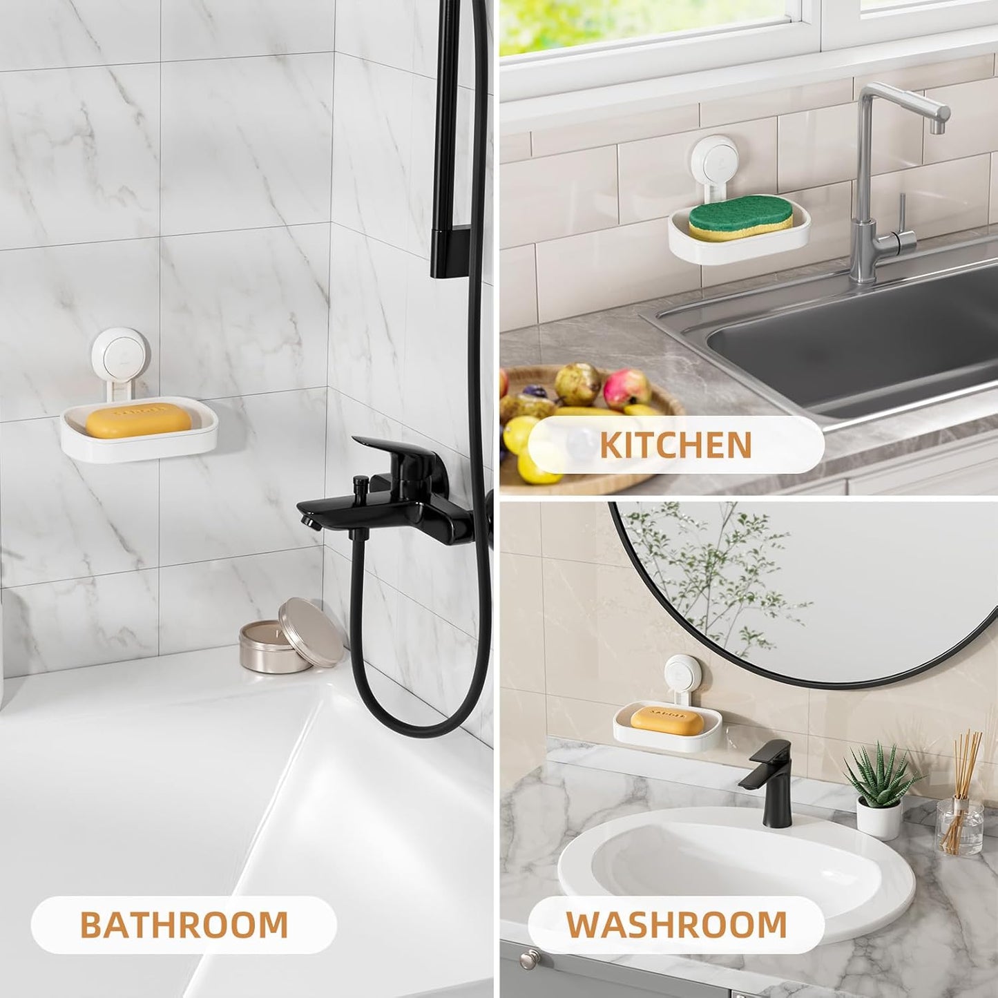 Soap Dish Holder for Shower Suction Cup Wall Mounted Self Draining No-Drilling Removable Bar Soap Sponge Holder for Bathroom Bathtub Kitchen Sink Waterproof Strong Vacuum Suction Adhesion