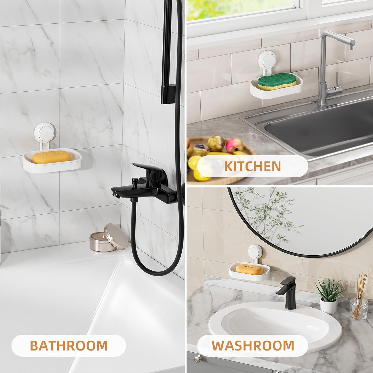 Soap Dish Holder for Shower Suction Cup Wall Mounted Self Draining No-Drilling Removable Bar Soap Sponge Holder for Bathroom Bathtub Kitchen Sink Waterproof Strong Vacuum Suction Adhesion