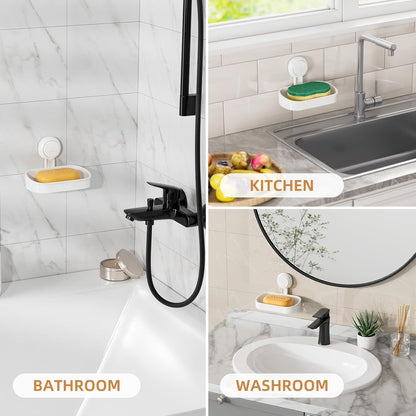 Soap Dish Holder for Shower Suction Cup Wall Mounted Self Draining No-Drilling Removable Bar Soap Sponge Holder for Bathroom Bathtub Kitchen Sink Waterproof Strong Vacuum Suction Adhesion