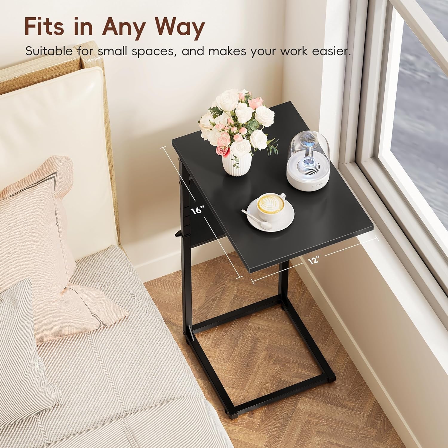 C Shaped End Table, 33"Tall Side Table for Couch, Adjustable Height Sofa Table Small Couch Side Tables, Laptop Recliner Tables Slide under Sofa TV Tray Arm Table for Living Room Bedroom,Black