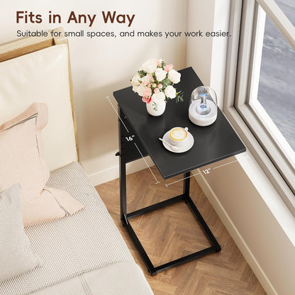 C Shaped End Table, 33"Tall Side Table for Couch, Adjustable Height Sofa Table Small Couch Side Tables, Laptop Recliner Tables Slide under Sofa TV Tray Arm Table for Living Room Bedroom,Black