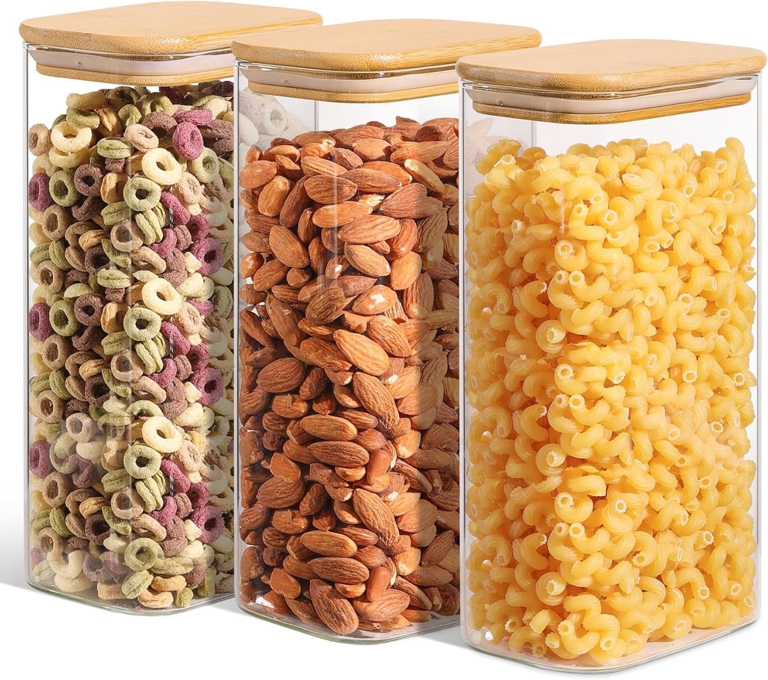54Oz 3PCS Rectangle Glass Storage Containers with Lids, Glass Jars with Bamboo Lids, Clear Food Storage Jar, Sugar Coffee Containers, Pantry Container for Pasta, Rice, Flour, Oats, Tea