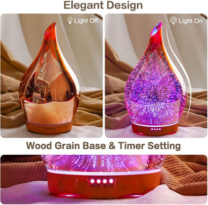 280Ml Essential Oil Diffuser 3D Hand-Blown Glass Aroma Diffusor, Aromatherapy Unltrasonic Cool Mist Deffuser, 7 Color Changing Humidifier, Waterless Shut-Off, Timer Function for Home Office