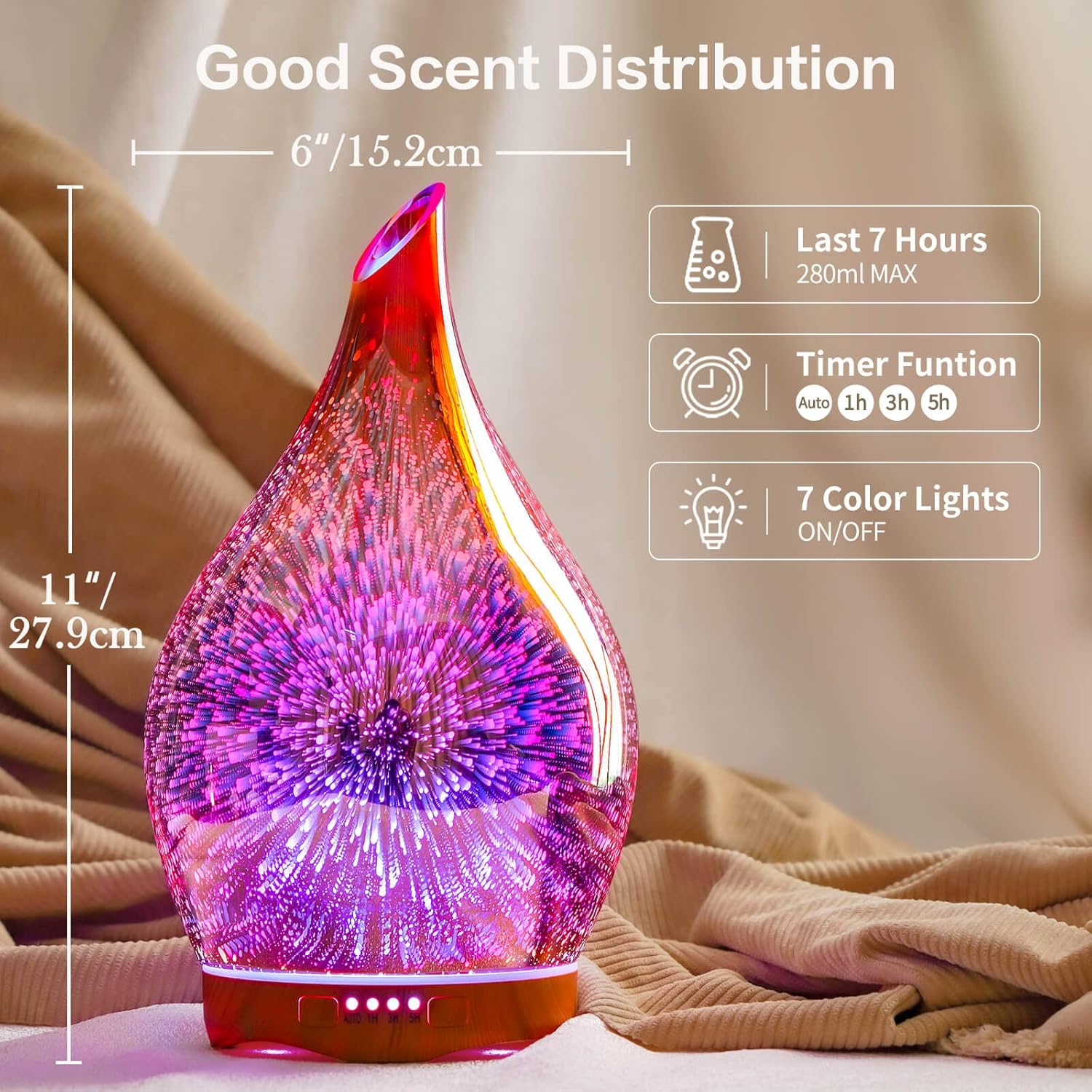 280Ml Essential Oil Diffuser 3D Hand-Blown Glass Aroma Diffusor, Aromatherapy Unltrasonic Cool Mist Deffuser, 7 Color Changing Humidifier, Waterless Shut-Off, Timer Function for Home Office