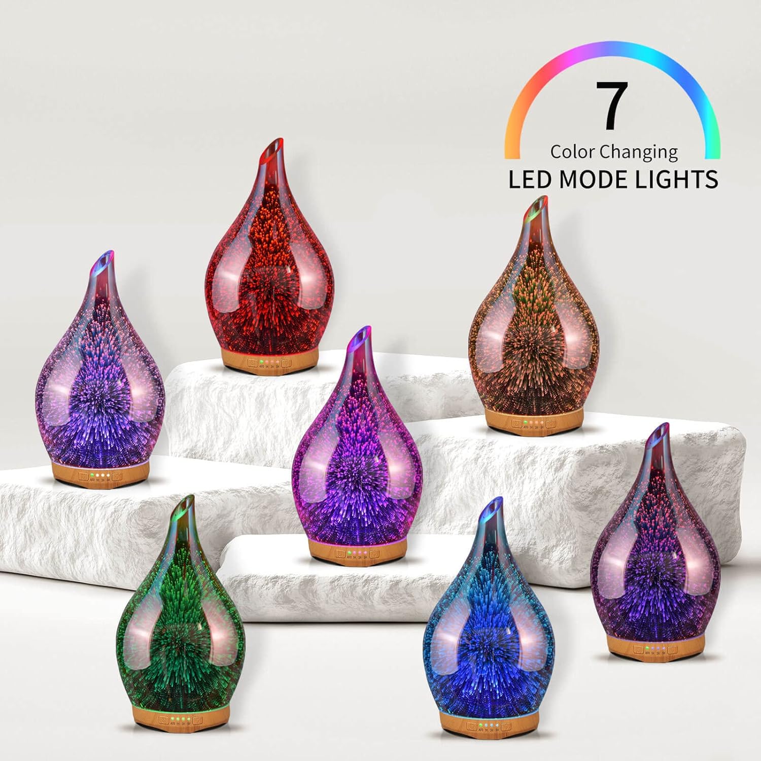 280Ml Essential Oil Diffuser 3D Hand-Blown Glass Aroma Diffusor, Aromatherapy Unltrasonic Cool Mist Deffuser, 7 Color Changing Humidifier, Waterless Shut-Off, Timer Function for Home Office