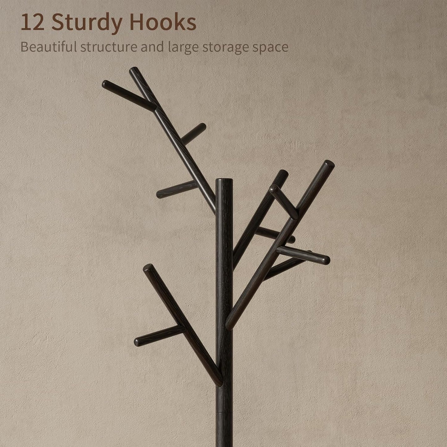 Coat Rack, Solid Wood Coat Rack Freestanding with 12 Hooks, Coat Tree Freestanding 3 Adjustable Heights for Coat, Hats, Handbags， Coat Stand for Entryway, Bedroom (Black)