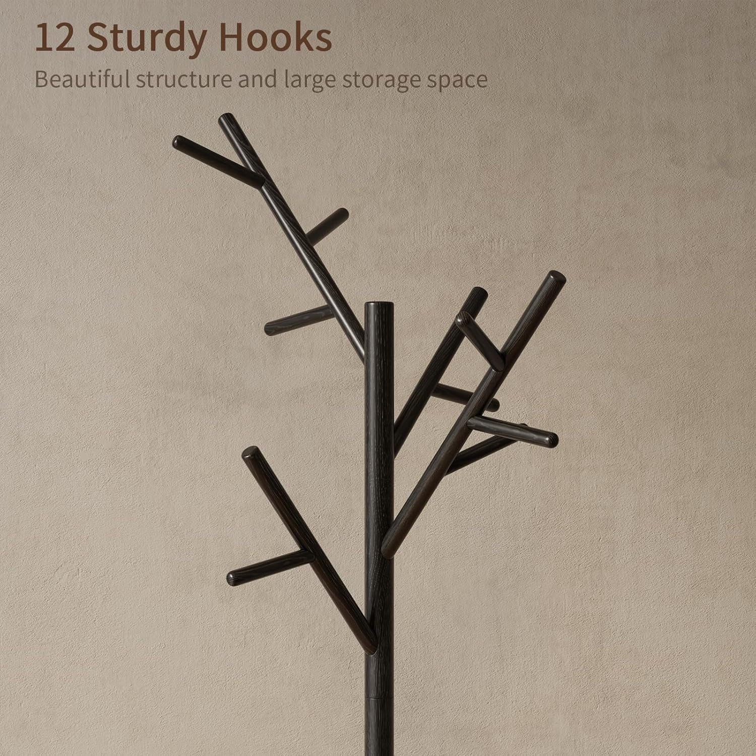 Coat Rack, Solid Wood Coat Rack Freestanding with 12 Hooks, Coat Tree Freestanding 3 Adjustable Heights for Coat, Hats, Handbags， Coat Stand for Entryway, Bedroom (Black)