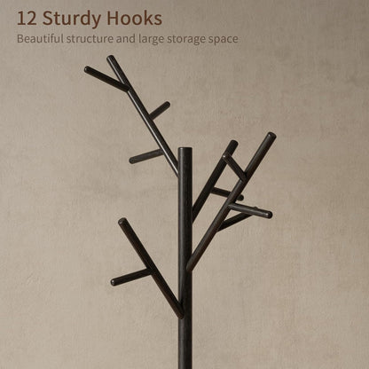 Coat Rack, Solid Wood Coat Rack Freestanding with 12 Hooks, Coat Tree Freestanding 3 Adjustable Heights for Coat, Hats, Handbags， Coat Stand for Entryway, Bedroom (Black)