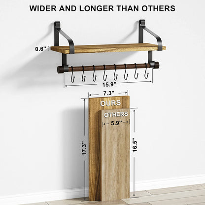 Stylish Rustic Floating Shelf with Towel Bar and 8 Removable Hooks - Perfect for Organizing Your Kitchen and Bathroom in Carbonized Black