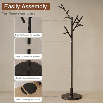 Coat Rack, Solid Wood Coat Rack Freestanding with 12 Hooks, Coat Tree Freestanding 3 Adjustable Heights for Coat, Hats, Handbags， Coat Stand for Entryway, Bedroom (Black)