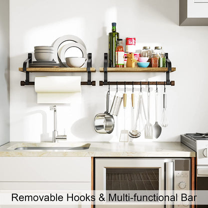 Stylish Rustic Floating Shelf with Towel Bar and 8 Removable Hooks - Perfect for Organizing Your Kitchen and Bathroom in Carbonized Black