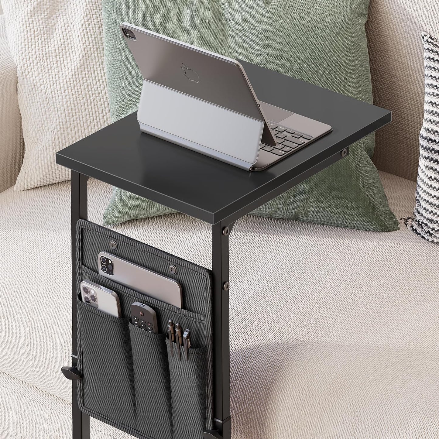 C Shaped End Table, 33"Tall Side Table for Couch, Adjustable Height Sofa Table Small Couch Side Tables, Laptop Recliner Tables Slide under Sofa TV Tray Arm Table for Living Room Bedroom,Black