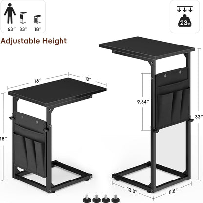 C Shaped End Table, 33"Tall Side Table for Couch, Adjustable Height Sofa Table Small Couch Side Tables, Laptop Recliner Tables Slide under Sofa TV Tray Arm Table for Living Room Bedroom,Black
