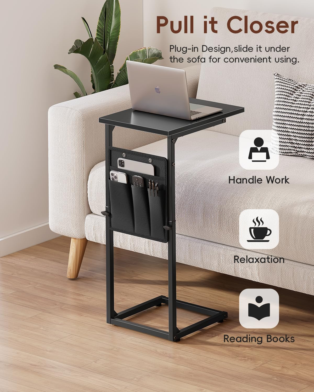 C Shaped End Table, 33"Tall Side Table for Couch, Adjustable Height Sofa Table Small Couch Side Tables, Laptop Recliner Tables Slide under Sofa TV Tray Arm Table for Living Room Bedroom,Black