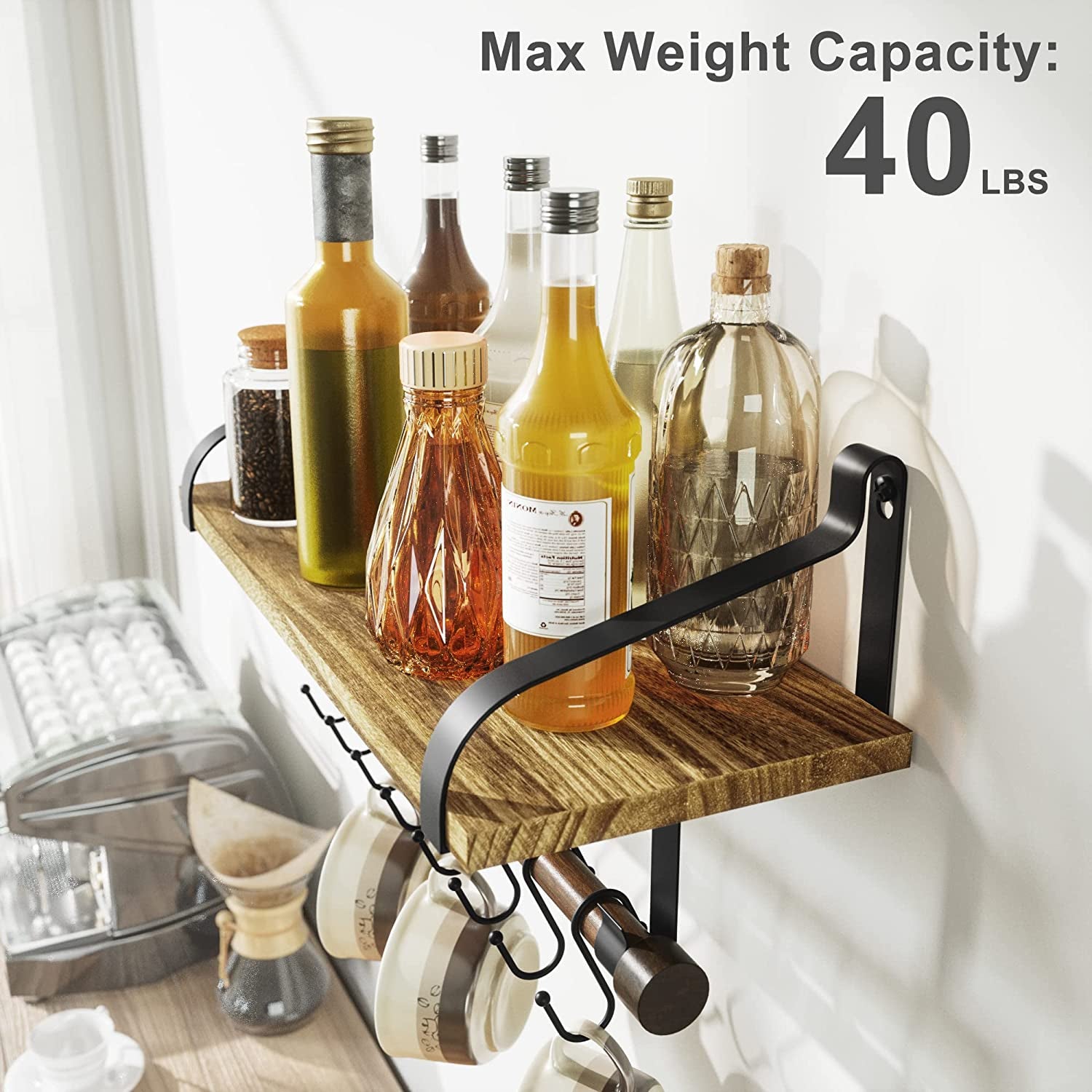Stylish Rustic Floating Shelf with Towel Bar and 8 Removable Hooks - Perfect for Organizing Your Kitchen and Bathroom in Carbonized Black