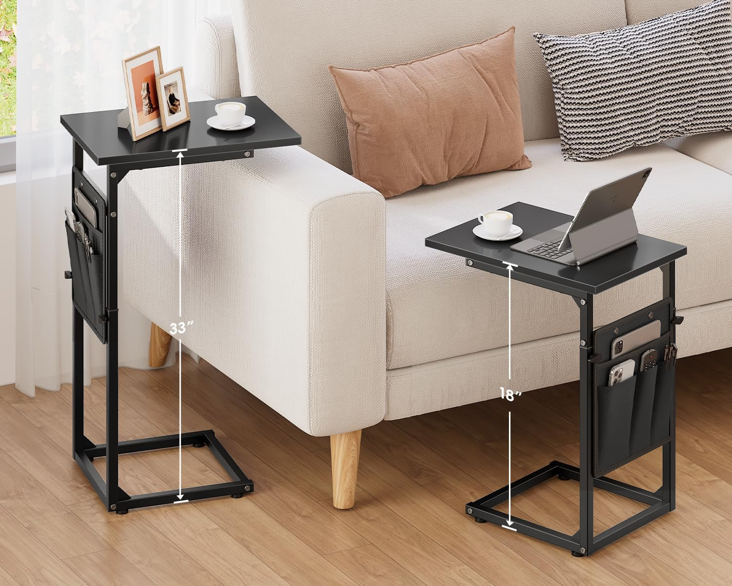 C Shaped End Table, 33"Tall Side Table for Couch, Adjustable Height Sofa Table Small Couch Side Tables, Laptop Recliner Tables Slide under Sofa TV Tray Arm Table for Living Room Bedroom,Black