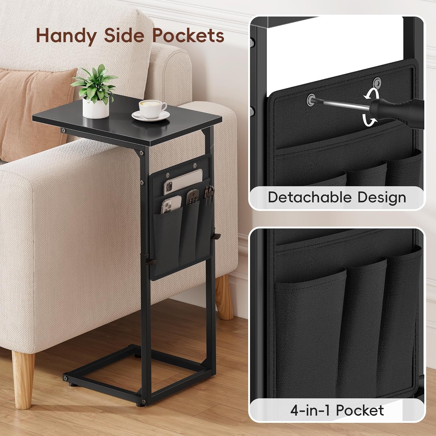 C Shaped End Table, 33"Tall Side Table for Couch, Adjustable Height Sofa Table Small Couch Side Tables, Laptop Recliner Tables Slide under Sofa TV Tray Arm Table for Living Room Bedroom,Black